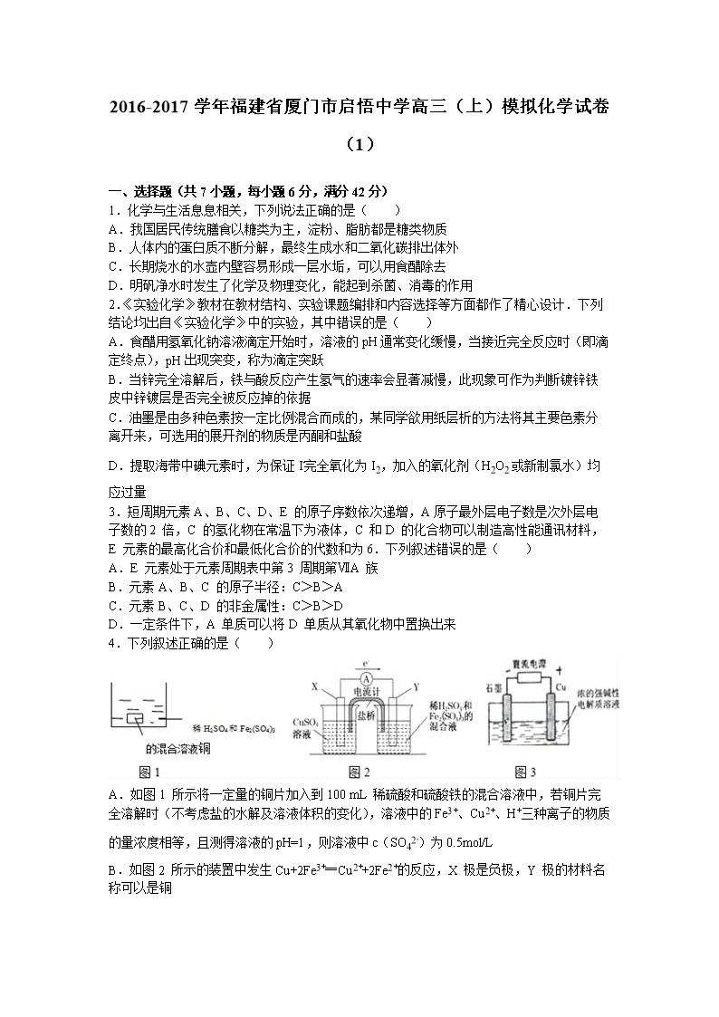 福建省厦门市启悟中学2017届高三上学期模拟化学试卷 Word版含解析.doc
